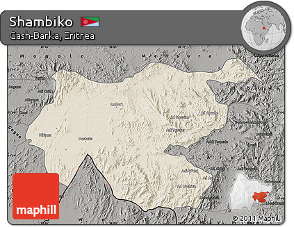 Shaded Relief Map of Shambiko, darken, semi-desaturated
