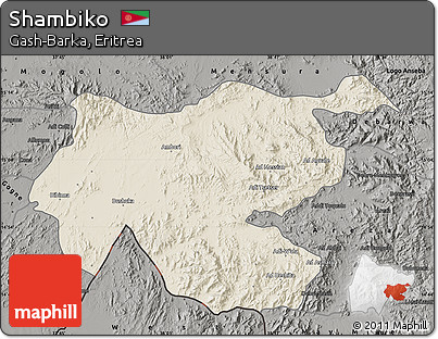 Shaded Relief Map of Shambiko, darken, semi-desaturated