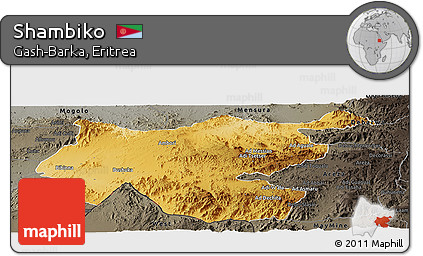 Physical Panoramic Map of Shambiko, darken, semi-desaturated