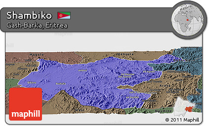 Political Panoramic Map of Shambiko, darken, semi-desaturated