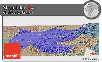 Political Panoramic Map of Shambiko, semi-desaturated