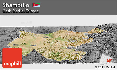 Satellite Panoramic Map of Shambiko, darken, desaturated