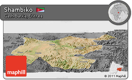 Satellite Panoramic Map of Shambiko, darken, desaturated