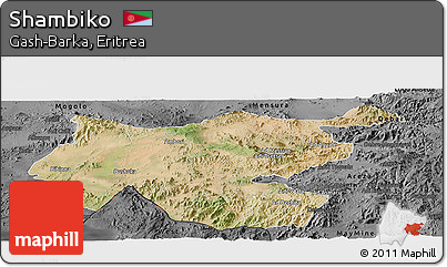 Satellite Panoramic Map of Shambiko, darken, desaturated