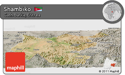 Satellite Panoramic Map of Shambiko, semi-desaturated