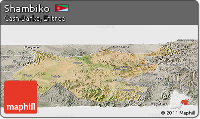 Satellite Panoramic Map of Shambiko, semi-desaturated