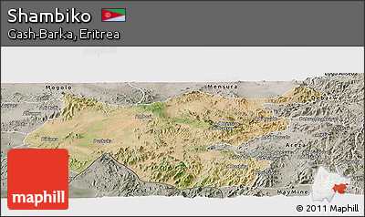 Satellite Panoramic Map of Shambiko, semi-desaturated