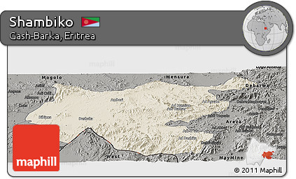 Shaded Relief Panoramic Map of Shambiko, darken, semi-desaturated