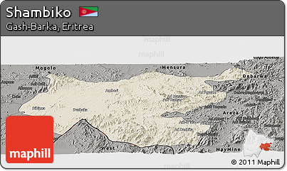Shaded Relief Panoramic Map of Shambiko, darken, semi-desaturated