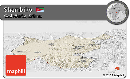 Shaded Relief Panoramic Map of Shambiko, lighten, desaturated