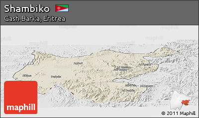 Shaded Relief Panoramic Map of Shambiko, lighten, desaturated