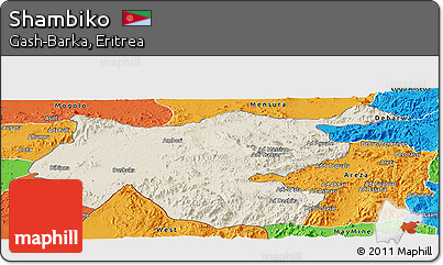 Shaded Relief Panoramic Map of Shambiko, political outside