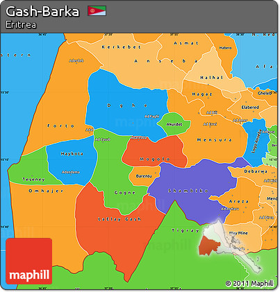 Political Simple Map of Gash-Barka, political shades outside