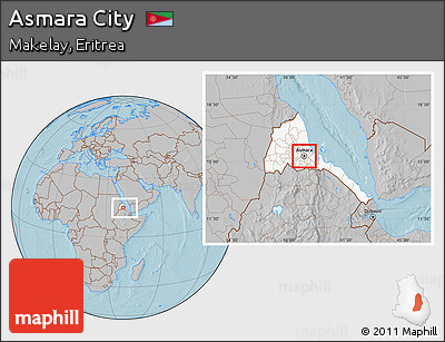 Gray Location Map of Asmara City, highlighted country, within the entire country, hill shading