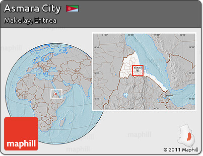 Gray Location Map of Asmara City, highlighted country, within the entire country, hill shading
