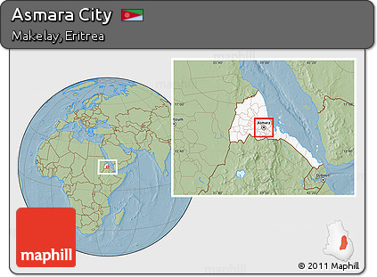 Savanna Style Location Map of Asmara City, highlighted country, hill shading