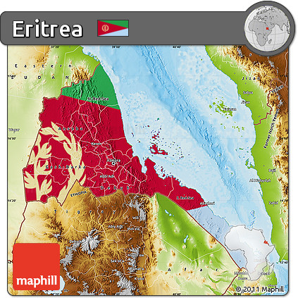 Flag Map of Eritrea, physical outside, bathymetry sea, flag centered