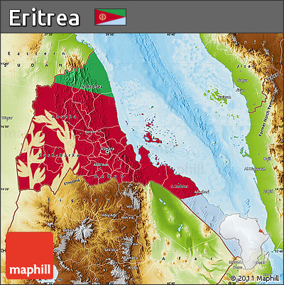 Flag Map of Eritrea, physical outside, bathymetry sea, flag centered