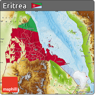Flag Map of Eritrea, physical outside, bathymetry sea, flag centered