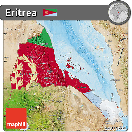 Flag Map of Eritrea, satellite outside, bathymetry sea, flag centered