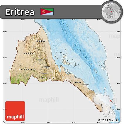 Satellite Map of Eritrea, single color outside, bathymetry sea, shaded relief sea