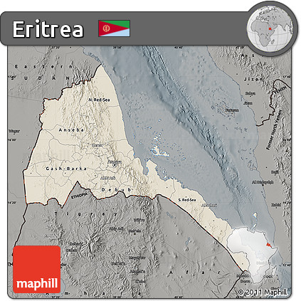 Shaded Relief Map of Eritrea, darken, semi-desaturated