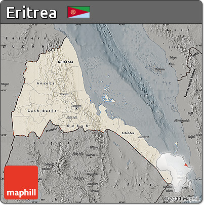 Shaded Relief Map of Eritrea, darken, semi-desaturated