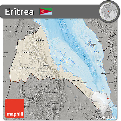 Shaded Relief Map of Eritrea, darken, semi-desaturated, land only