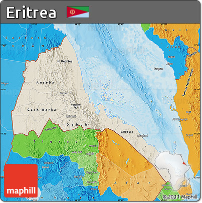 Shaded Relief Map of Eritrea, political outside