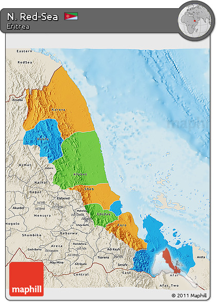 Political 3D Map of N. Red-Sea, shaded relief outside