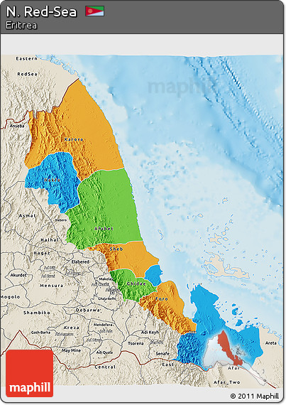 Political 3D Map of N. Red-Sea, shaded relief outside