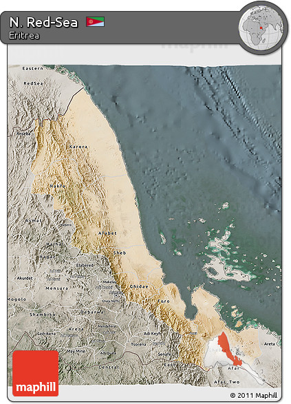 Satellite 3D Map of N. Red-Sea, semi-desaturated