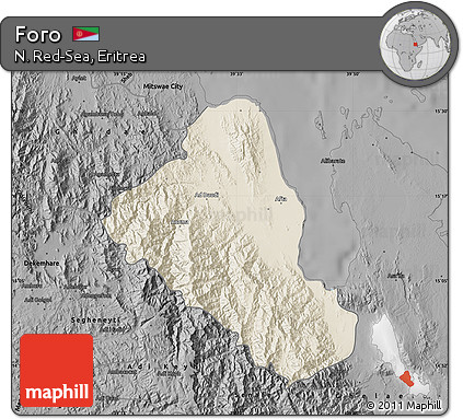 Shaded Relief Map of Foro, darken, desaturated