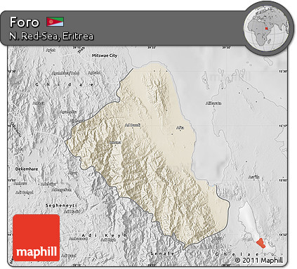 Shaded Relief Map of Foro, desaturated