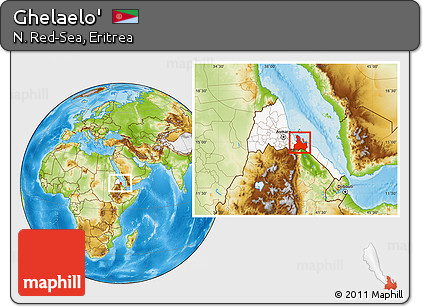 Physical Location Map of Ghelaelo', highlighted country, within the entire country