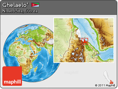 Physical Location Map of Ghelaelo', highlighted parent region, within the entire country