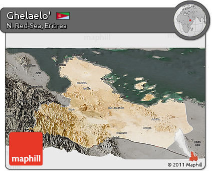 Satellite Panoramic Map of Ghelaelo', darken, semi-desaturated
