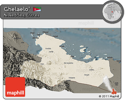 Shaded Relief Panoramic Map of Ghelaelo', darken