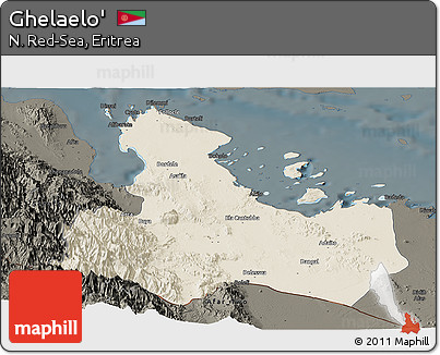 Shaded Relief Panoramic Map of Ghelaelo', darken
