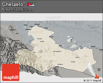 Shaded Relief Panoramic Map of Ghelaelo', darken, semi-desaturated