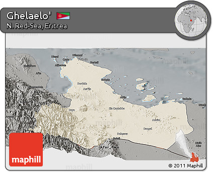 Shaded Relief Panoramic Map of Ghelaelo', darken, semi-desaturated