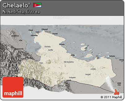Shaded Relief Panoramic Map of Ghelaelo', darken, semi-desaturated