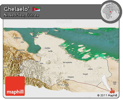 Shaded Relief Panoramic Map of Ghelaelo', satellite outside