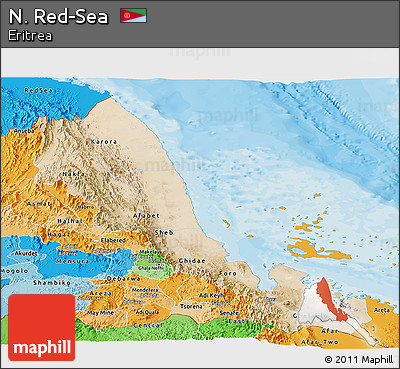 Satellite Panoramic Map of N. Red-Sea, political shades outside