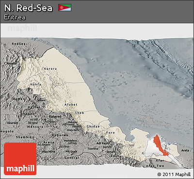 Shaded Relief Panoramic Map of N. Red-Sea, darken, semi-desaturated