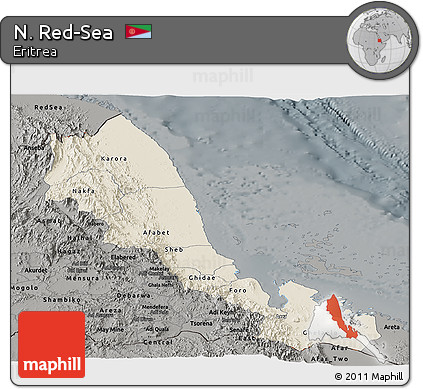 Shaded Relief Panoramic Map of N. Red-Sea, darken, semi-desaturated