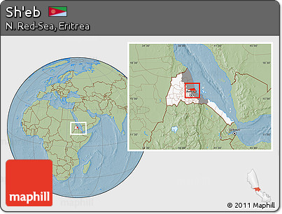 Savanna Style Location Map of Sh'eb, highlighted country, highlighted parent region, within the entire country, hill shading