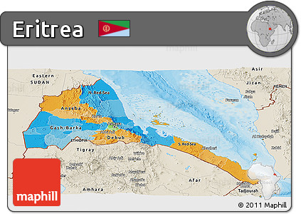 Political Panoramic Map of Eritrea, shaded relief outside, bathymetry sea