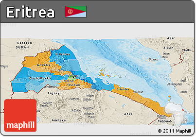 Political Panoramic Map of Eritrea, shaded relief outside, bathymetry sea