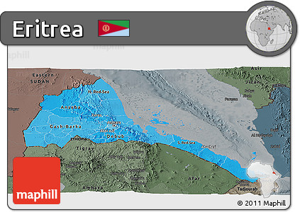 Political Shades Panoramic Map of Eritrea, darken, semi-desaturated